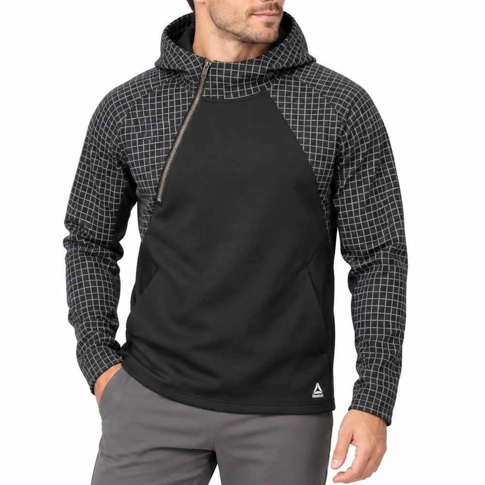 Reebok Mens L Asymmetrical Diagonal Zip Hoodie Black Grid Check Tech Fleece L